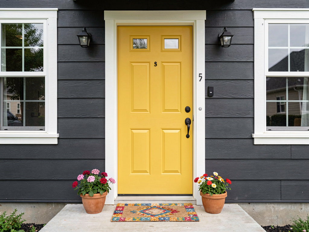 Golden yellow front door on a charcoal gray house with white trim and colorful doormat