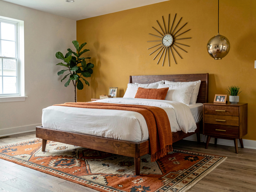 AI-redesigned bedroom in mid-century modern style