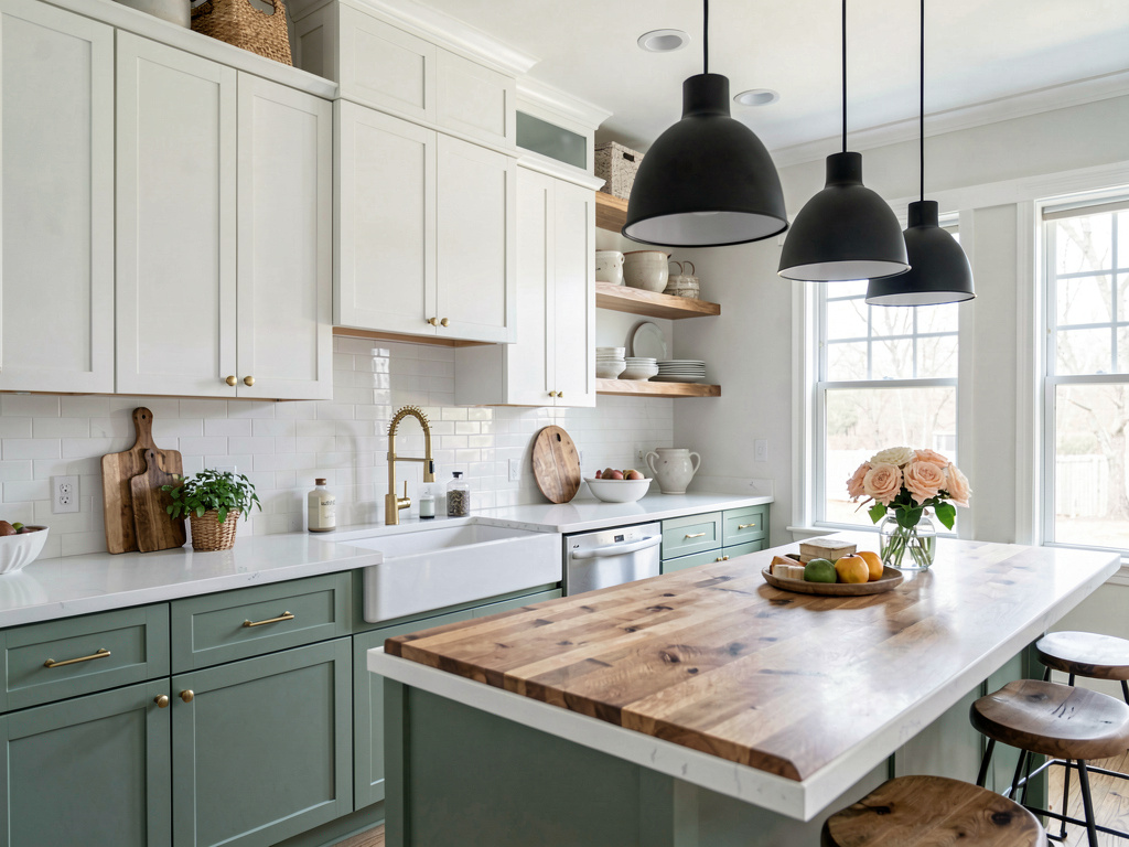 AI kitchen redesign with sage green cabinets