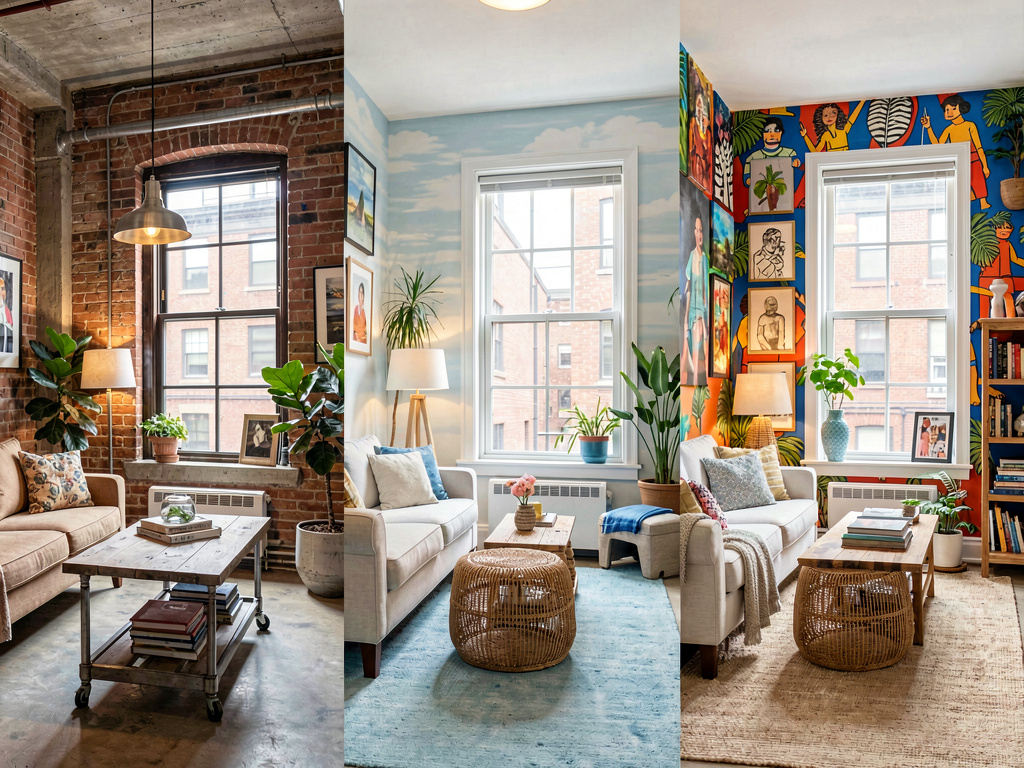 Three AI-generated versions of the same room in different styles