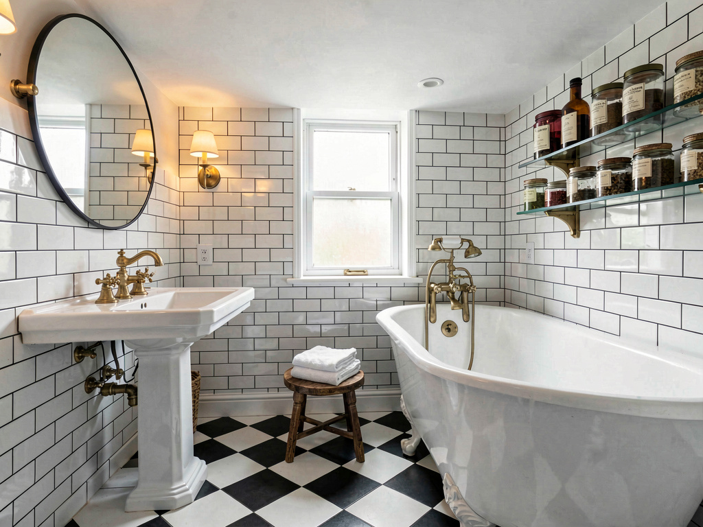 Retro bathroom with black and white checkered floor, clawfoot tub and pedestal sink