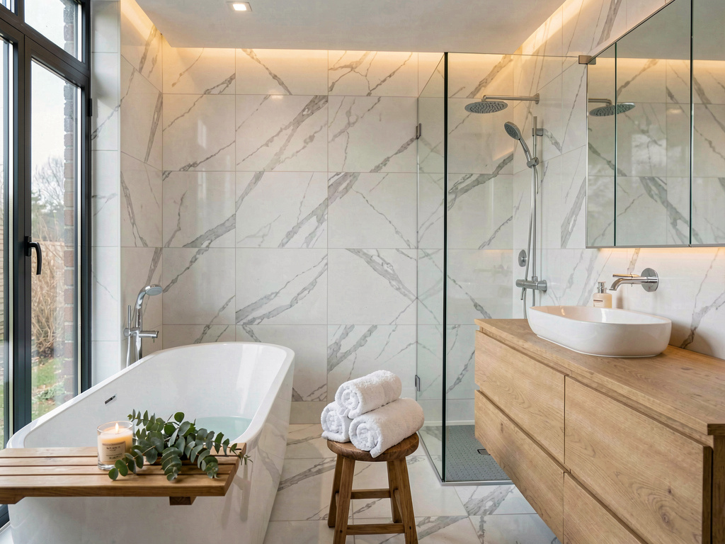 Spa-inspired bathroom with freestanding tub, marble walls and floating oak vanity