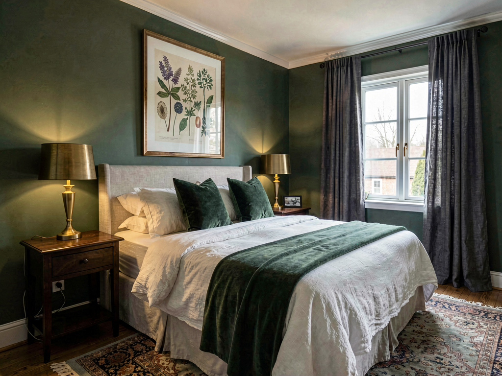 Moody bedroom with dark green walls, white linen bedding and brass bedside lamps