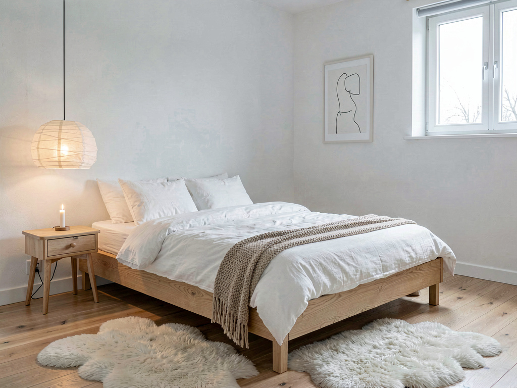 Scandinavian bedroom with white bedding, light oak platform bed and paper pendant light