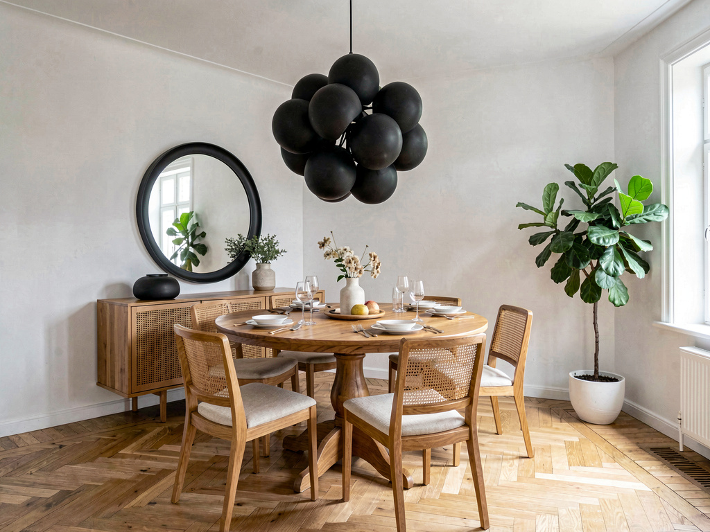 Dining room with sculptural black chandelier over round oak table and cane-back chairs