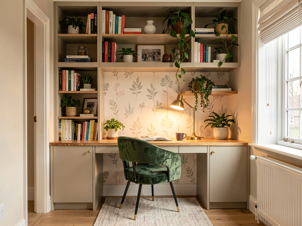 Cozy home office nook with built-in desk, green velvet chair and botanical wallpaper