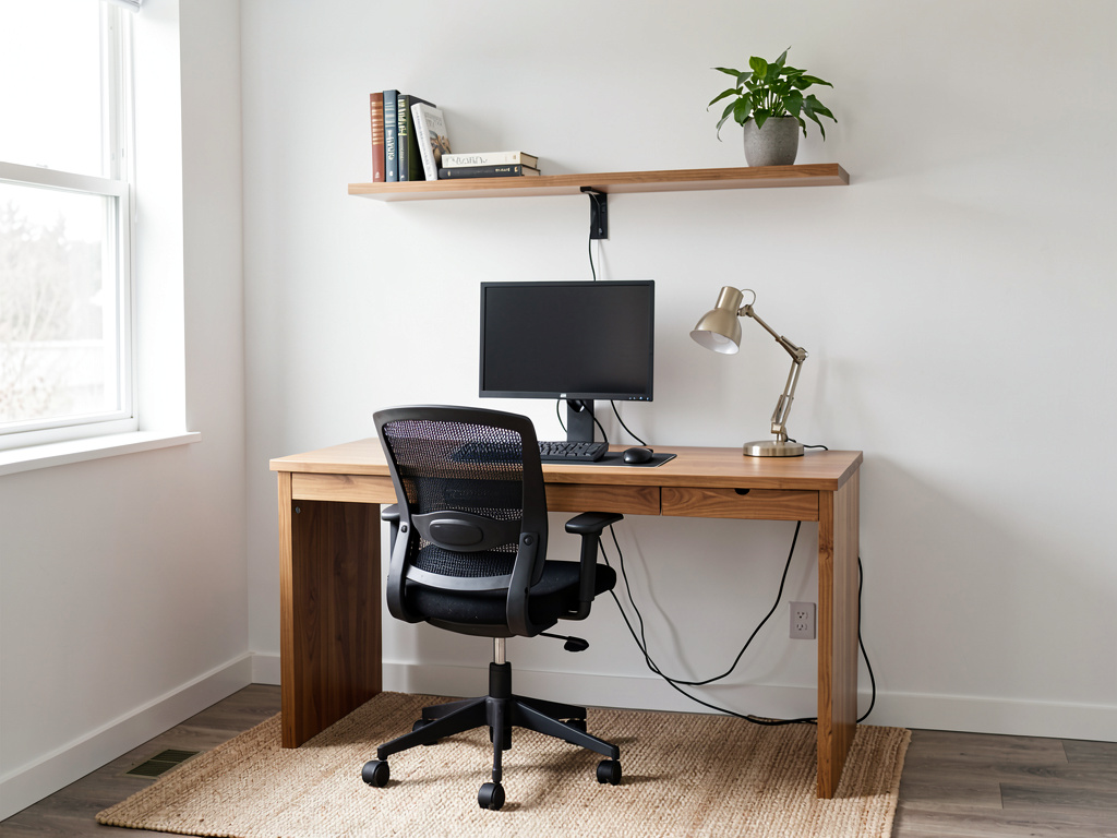 Minimal home office with walnut desk, single monitor and floating shelf