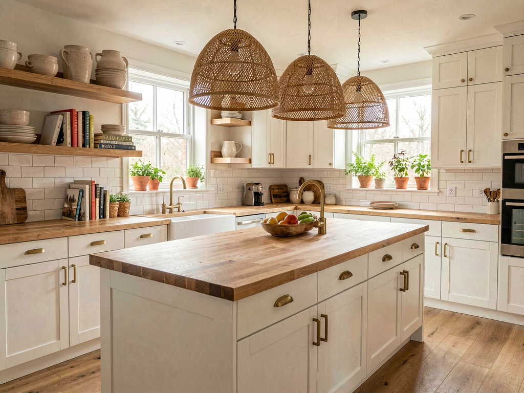 Modern warm kitchen with white shaker cabinets, butcher block island and open shelving