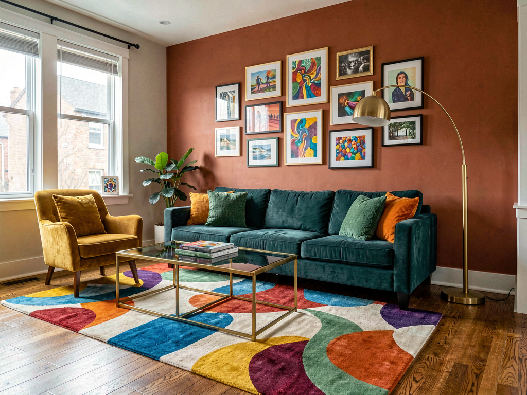 Living room with teal sofa, terracotta accent wall, mustard armchair and colorful abstract rug