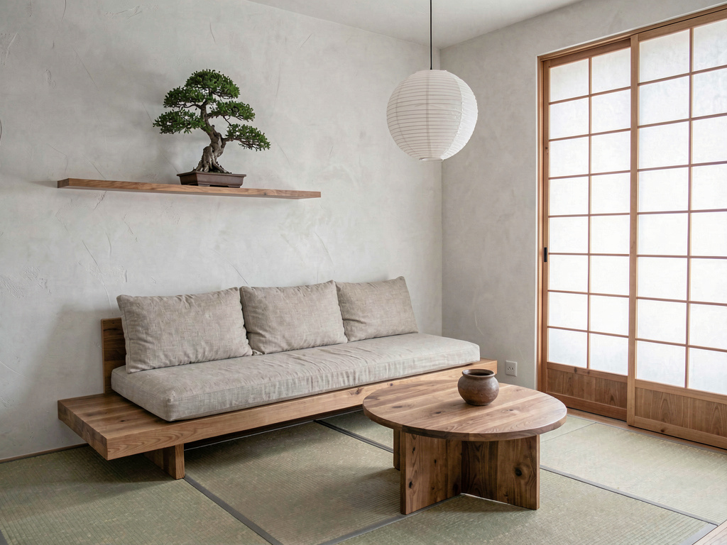 Japandi-style living room with low platform sofa, paper lantern light and minimal decor