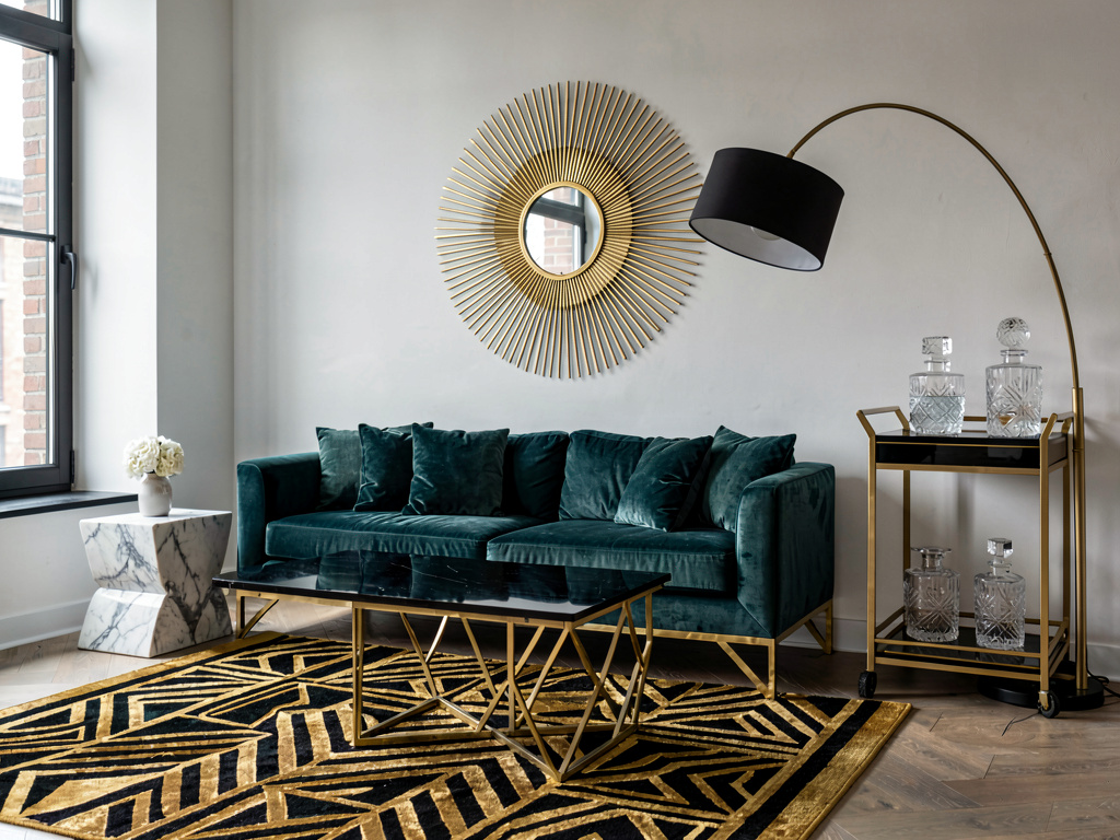 Interior design styles art deco living room with teal velvet sofa brass accents and geometric rug