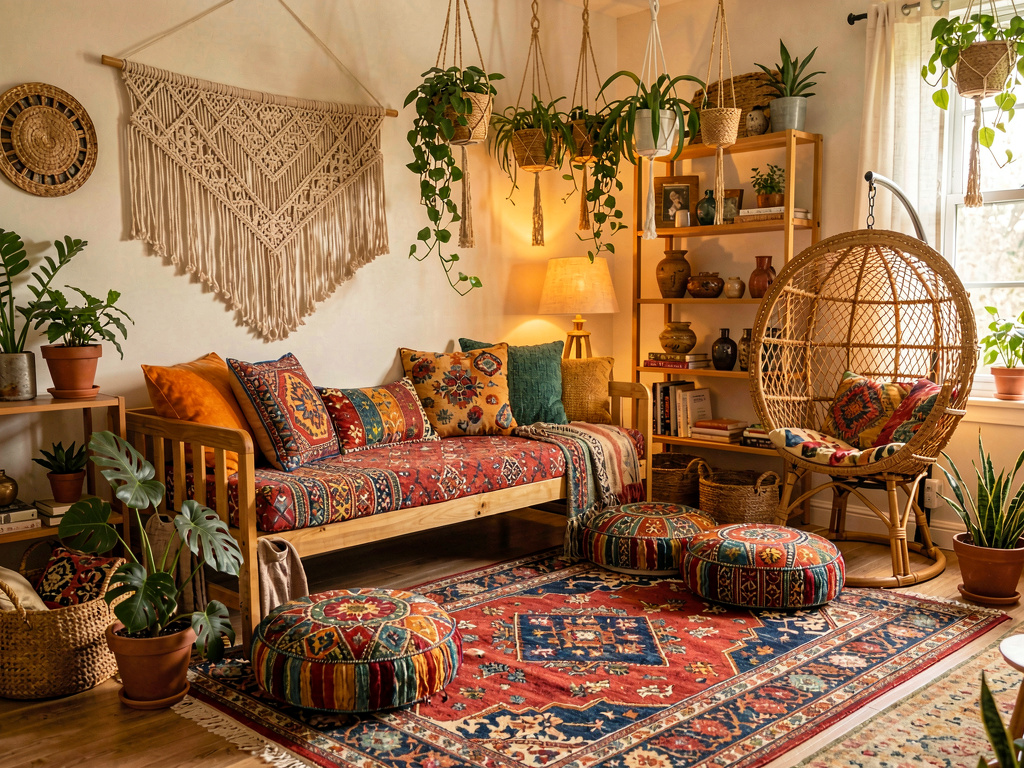 Interior design styles bohemian living room with layered textiles plants and macrame wall hanging