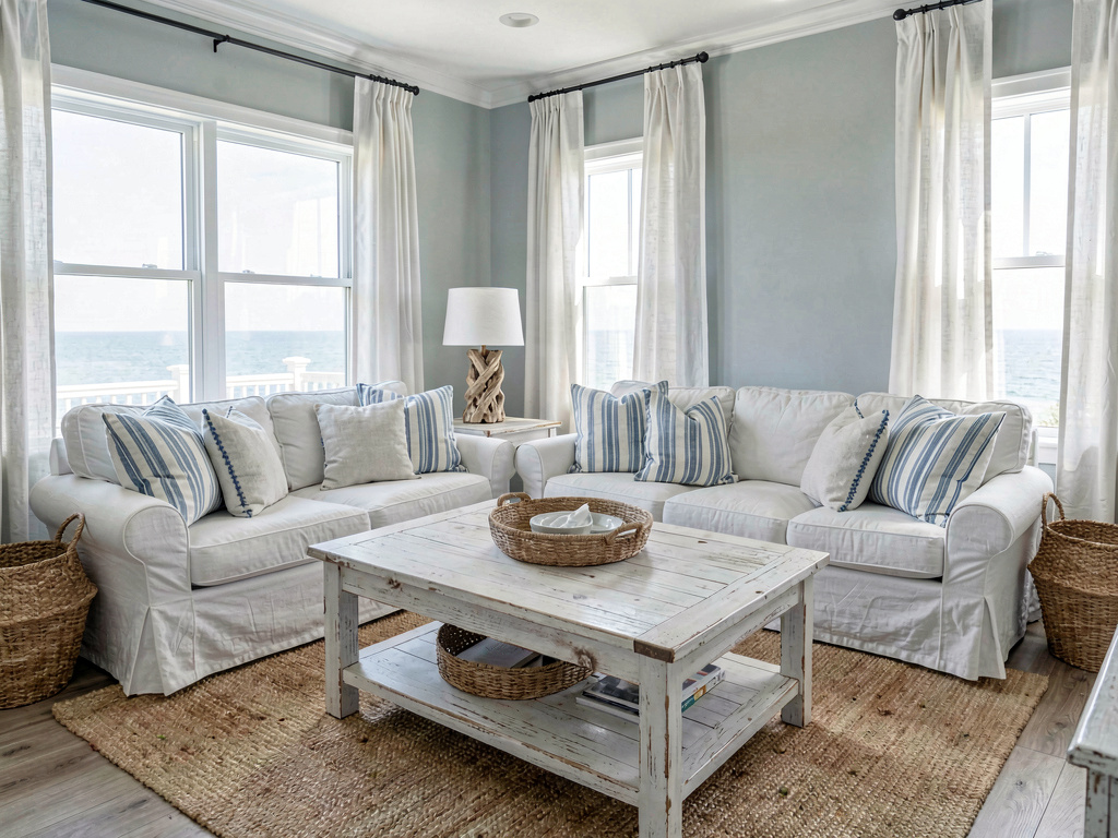 Interior design styles coastal living room with white slipcovered sofa blue walls and sisal rug