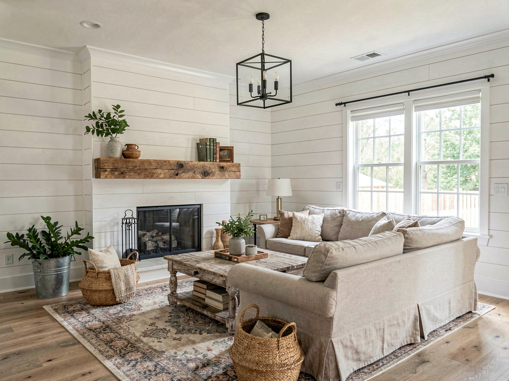 Interior design styles modern farmhouse living room with shiplap walls and linen slipcovered sofa