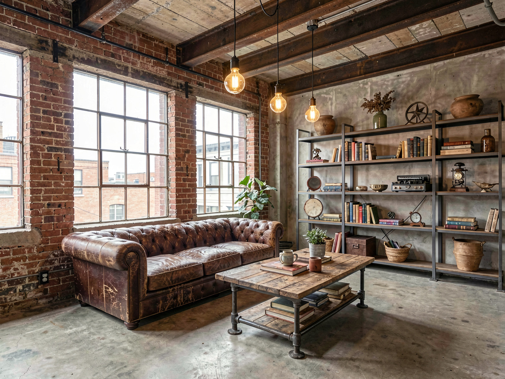 Interior design styles industrial loft living room with exposed brick leather sofa and steel beams