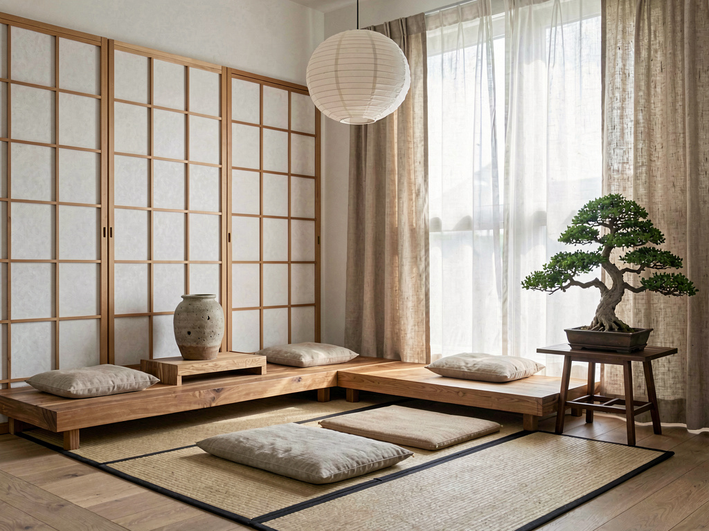 Interior design styles Japandi living room with low platform seating wabi-sabi ceramics and paper pendant