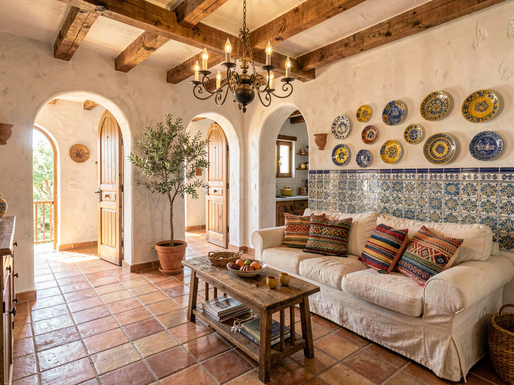 Interior design styles Mediterranean living room with terracotta floors arched doorways and wrought iron