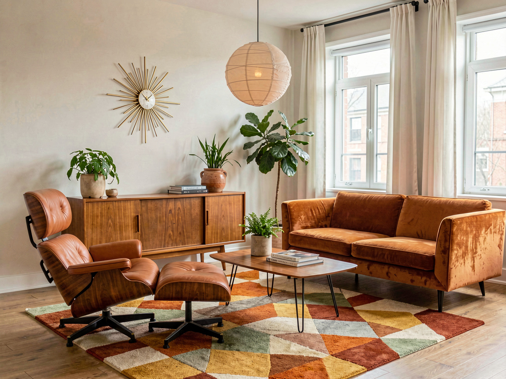 Interior design styles mid-century modern living room with teak credenza and burnt orange sofa