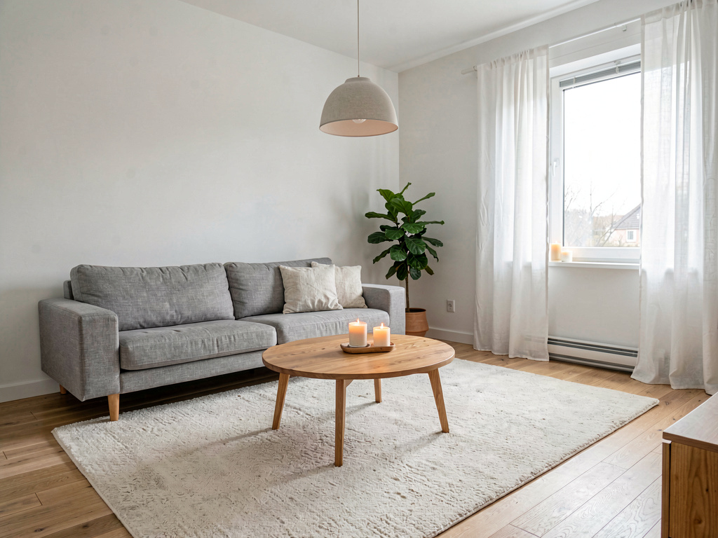 Interior design styles Scandinavian living room with light oak floors gray sofa and white walls