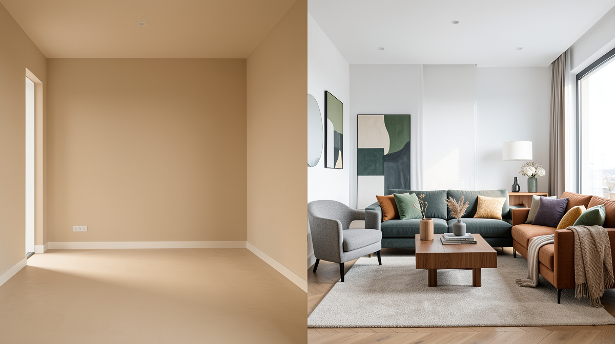 Split screen showing a room photo and an AI-generated redesign of the same room