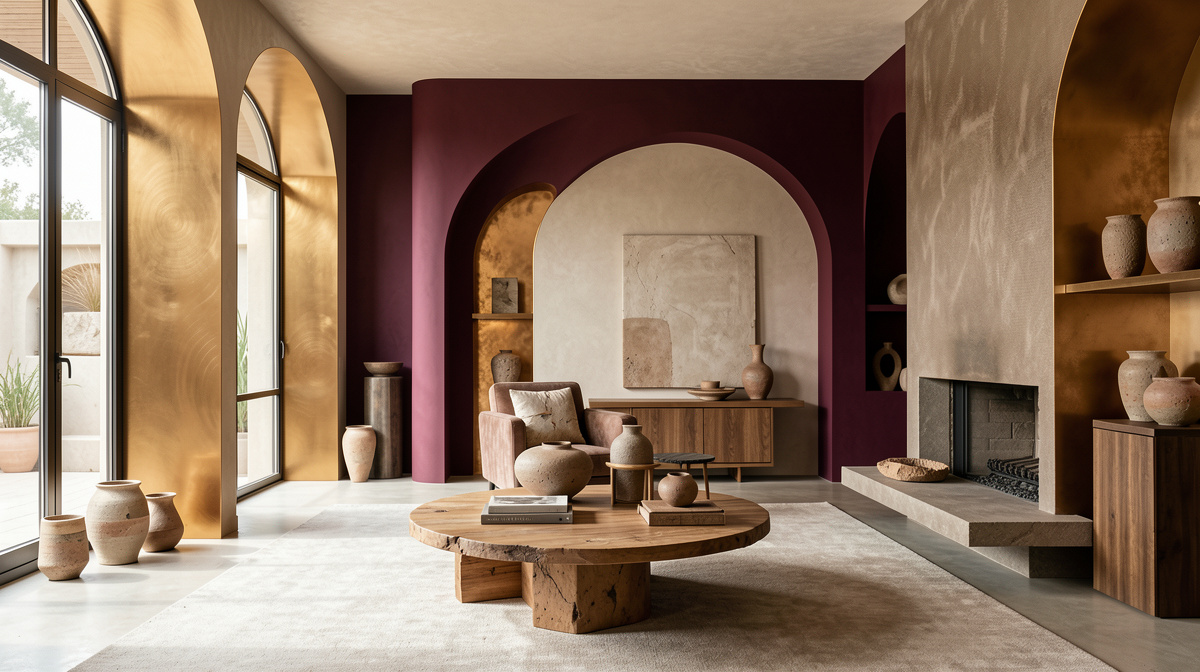 Design mood board with warm metallics, curved furniture, handmade ceramics and natural dyes