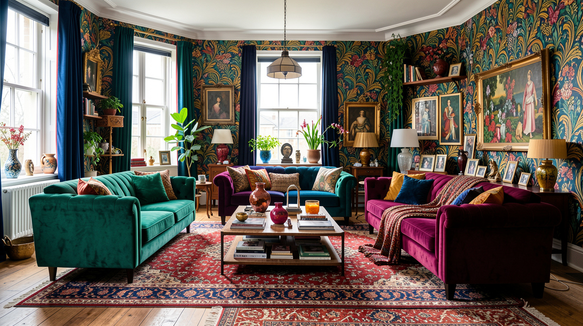 Maximalist living room with pattern-mixed pillows, gallery wall, colored glass and layered rugs