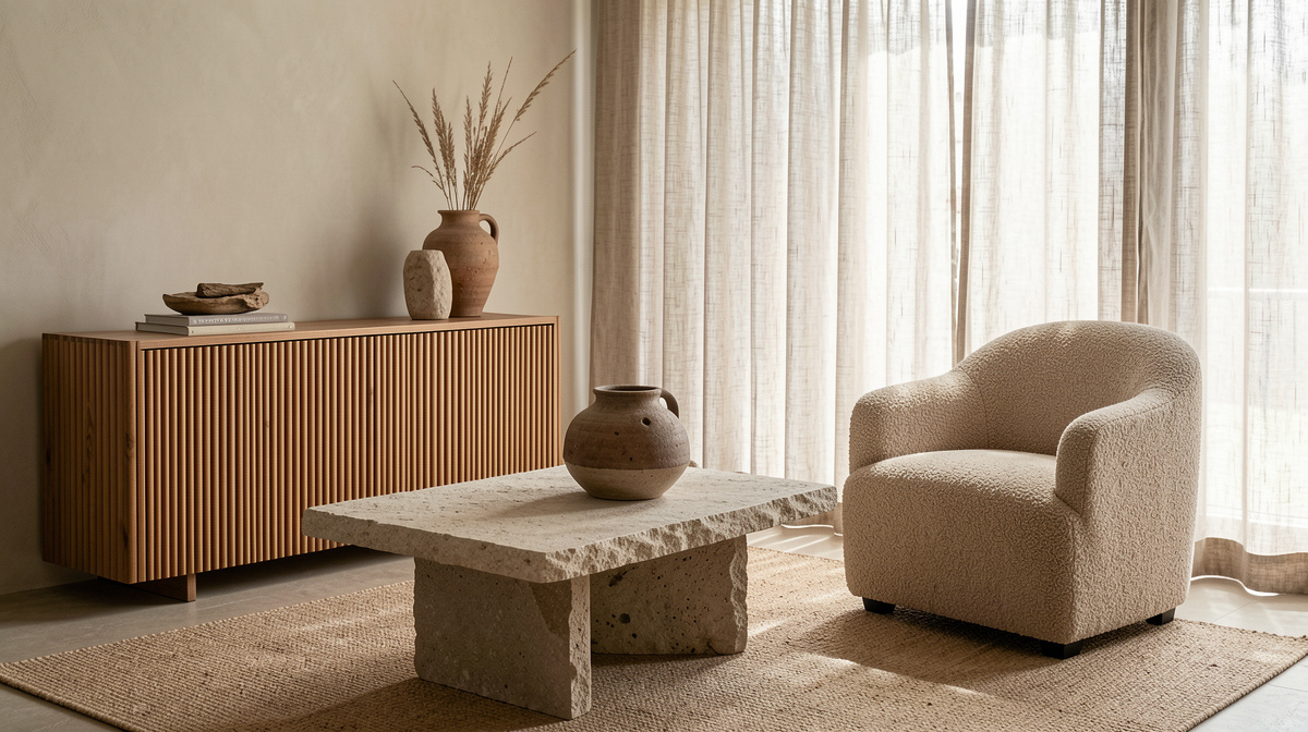 Kitchen with fluted oak island base, soapstone countertops and natural stone backsplash