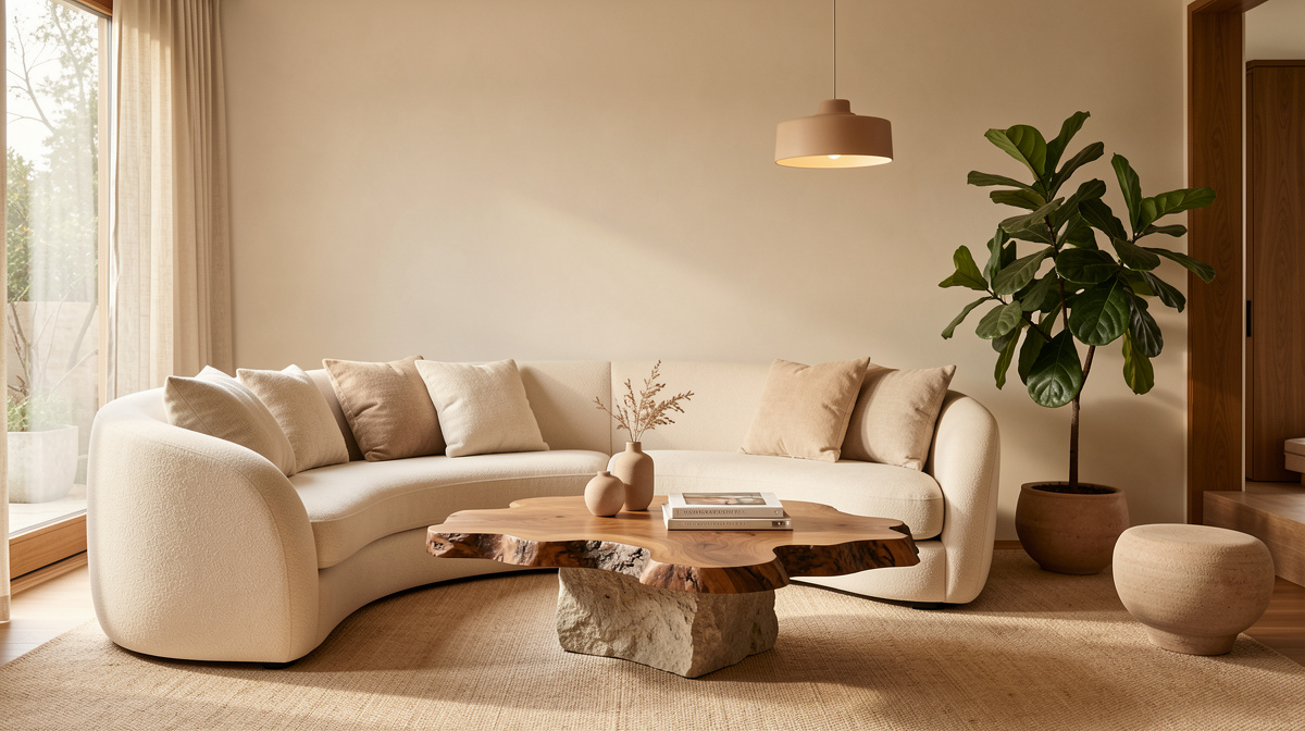 Dining room with live-edge walnut table, sculptural ceramic vase and linen curtains