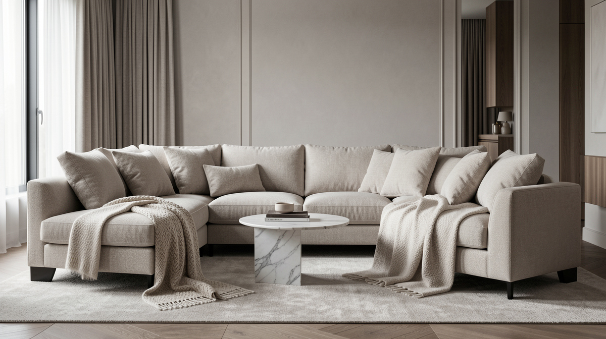Living room designed in quiet luxury style with cream tones, cashmere throw and travertine table
