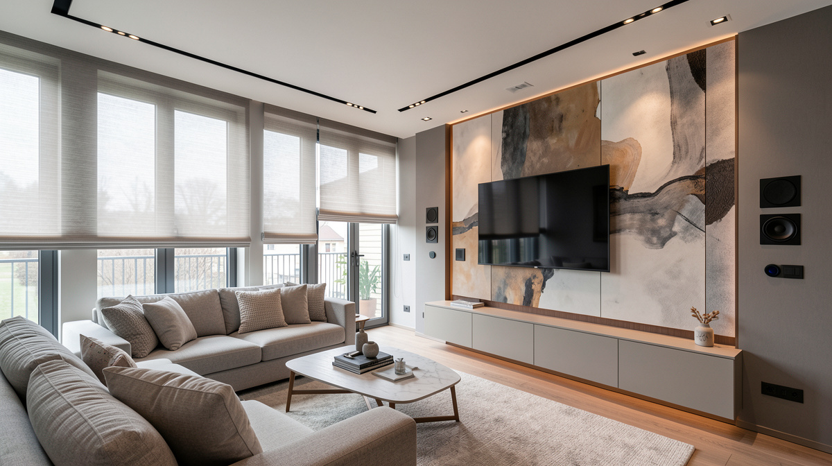 Modern kitchen with hidden smart speakers, under-cabinet lighting automation and integrated display