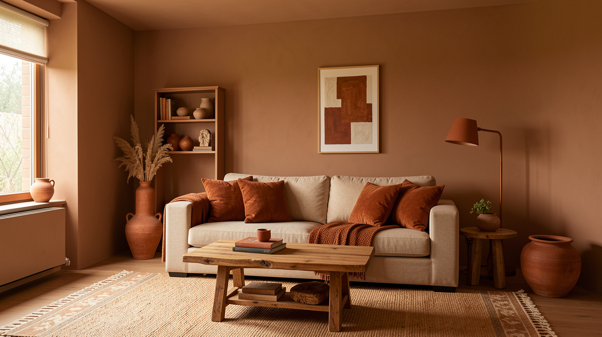 Living room with warm terracotta walls, olive green sofa and cream accents
