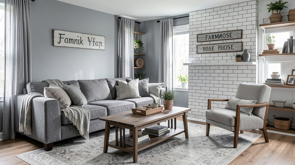 Side by side comparison of a dated all-gray living room versus a warm updated version