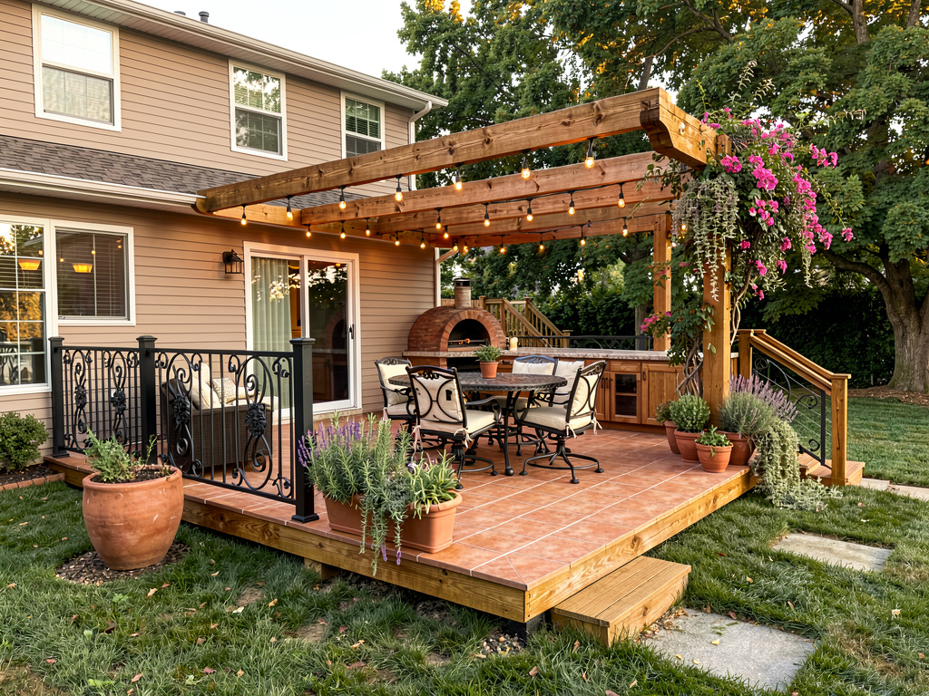 A deck redesigned in Mediterranean entertaining style by Remodel AI
