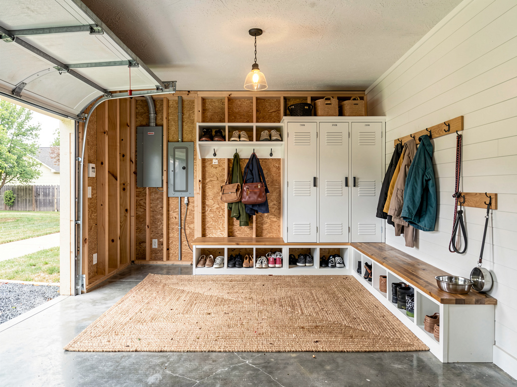 A garage redesigned as a mudroom by Remodel AI