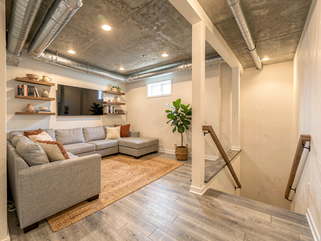A basement redesigned as a modern family room by Remodel AI
