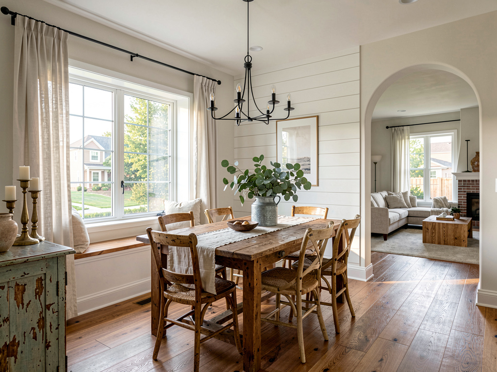 A dining room redesigned in rustic farmhouse style by Remodel AI