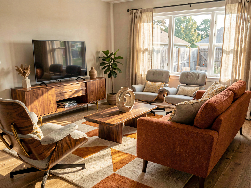 A living room redesigned in mid-century modern style by Remodel AI