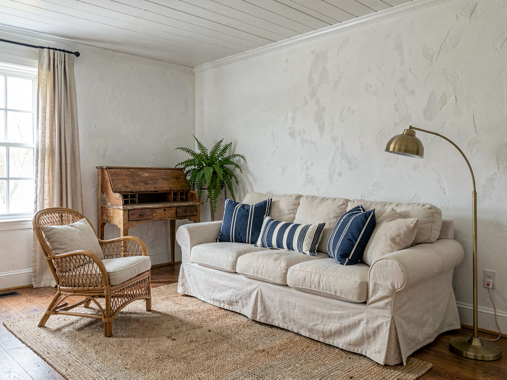 A living room redesigned in coastal grandmother style by Remodel AI