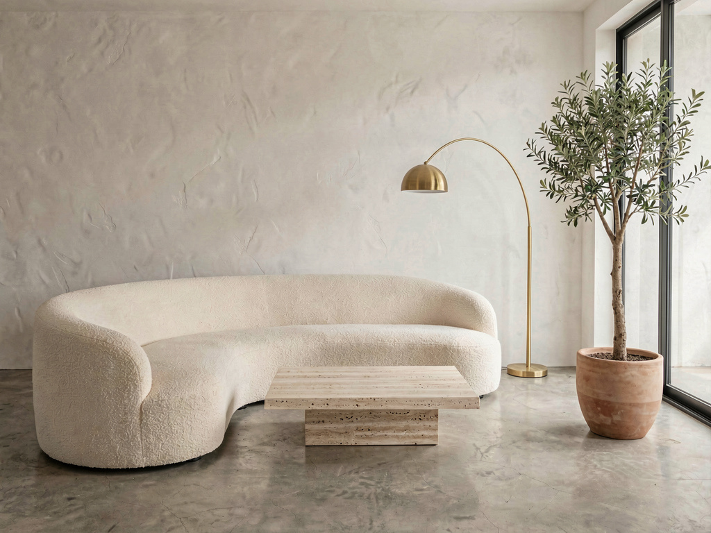 A living room redesigned in warm minimalist style by Remodel AI