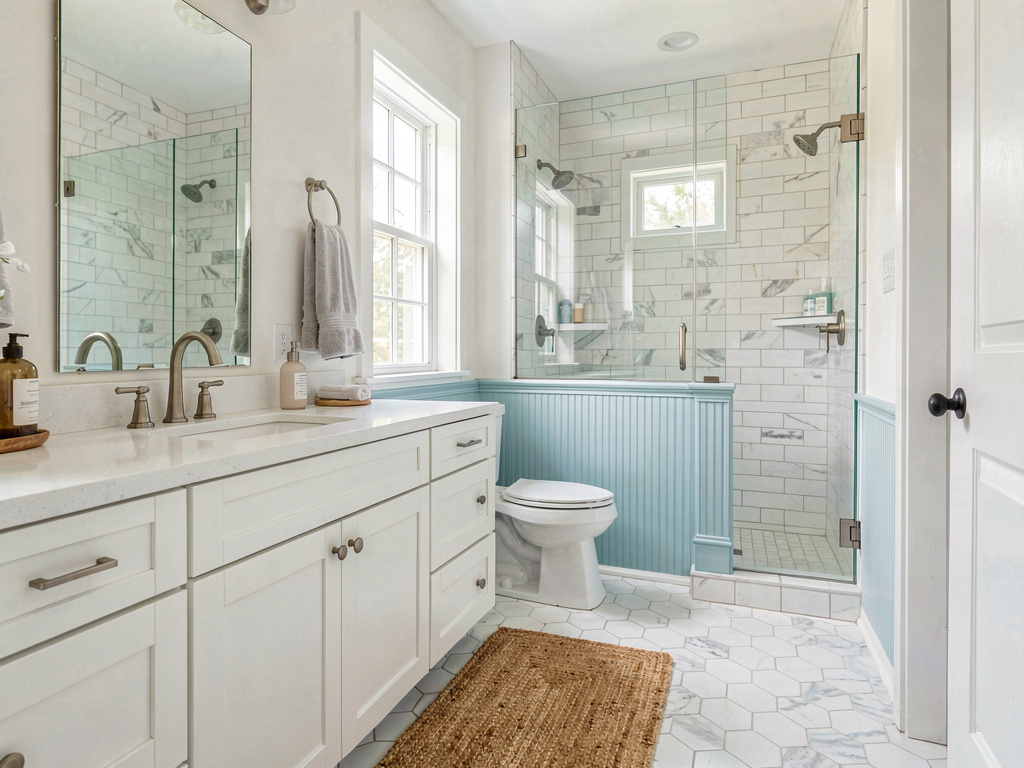 A bathroom redesigned in coastal style by Remodel AI