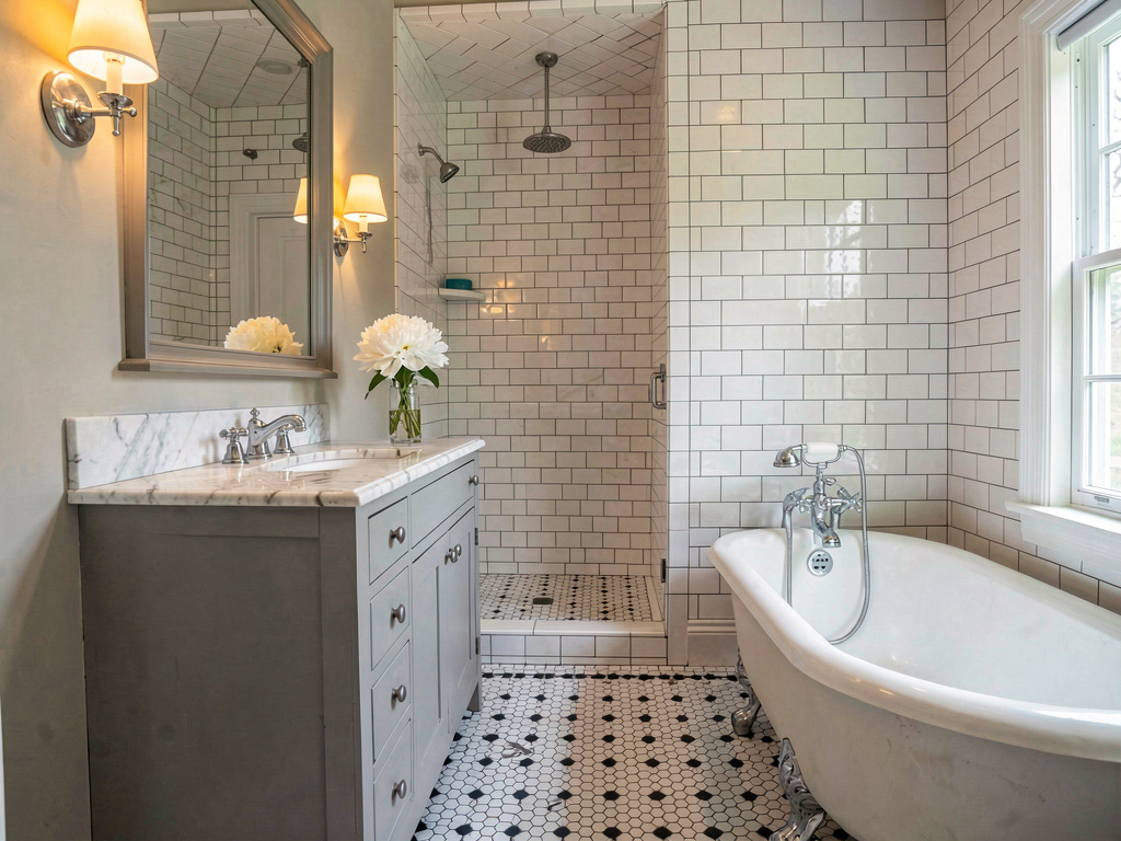 A bathroom redesigned in classic subway-tile traditional style by Remodel AI