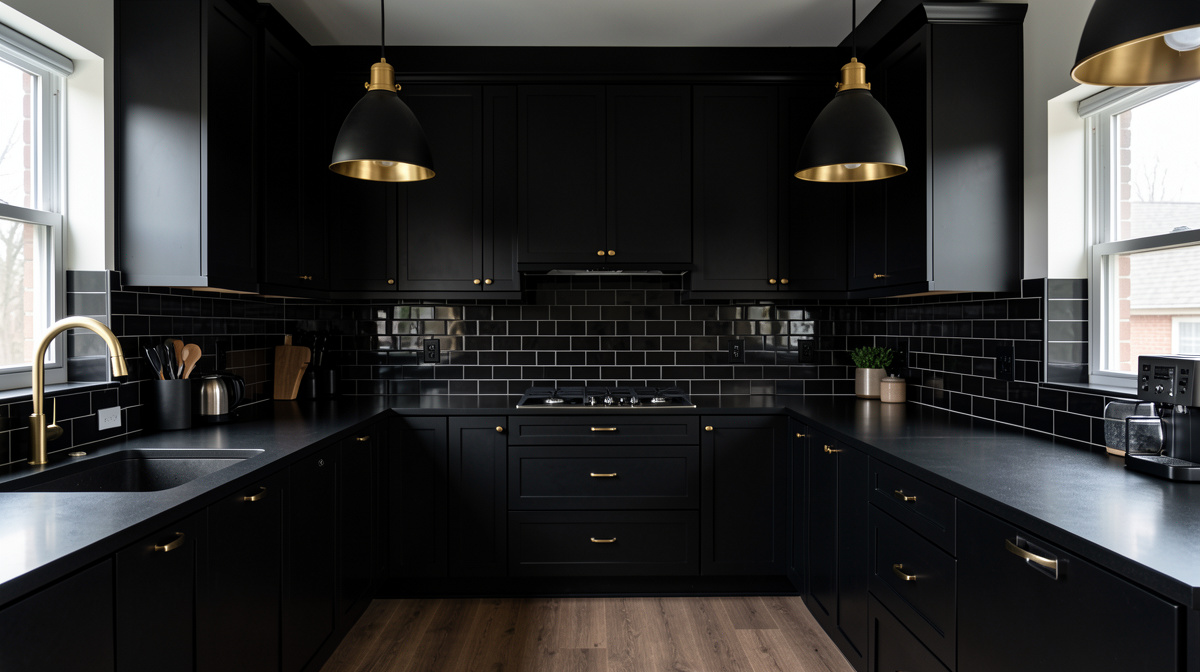 Bold black kitchen with matte black cabinets, dark counters, brass fixtures, and dramatic lighting