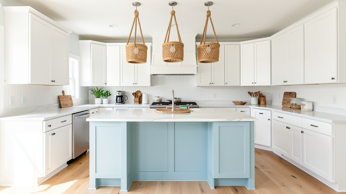 Coastal kitchen with white cabinets, blue glass tile backsplash, light counters, and natural rope hardware