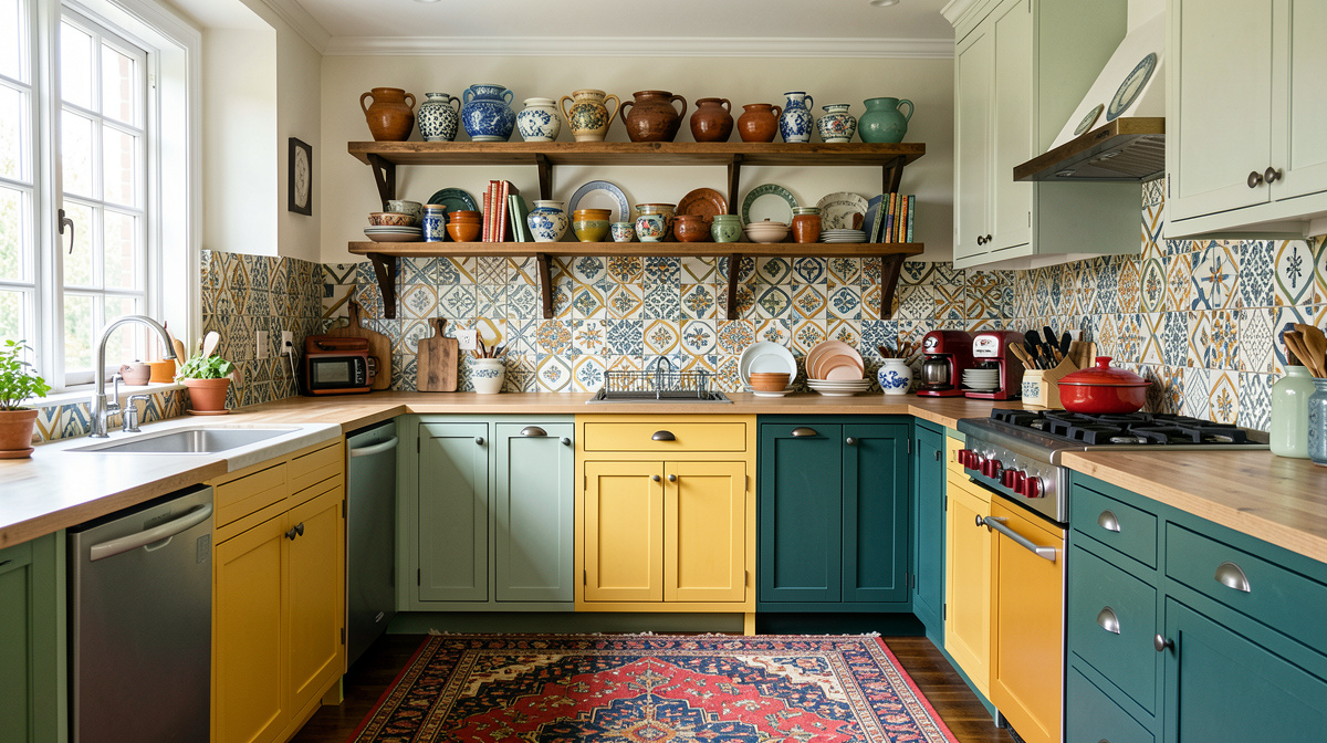 Eclectic kitchen with patterned tile floor, colorful cabinets, mix of hardware, and art on the walls