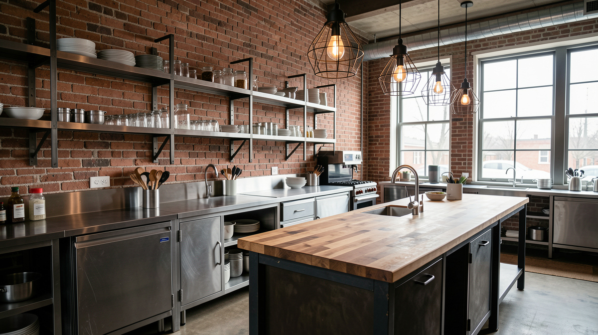 Industrial kitchen with exposed brick, stainless steel surfaces, open metal shelving, and concrete floors
