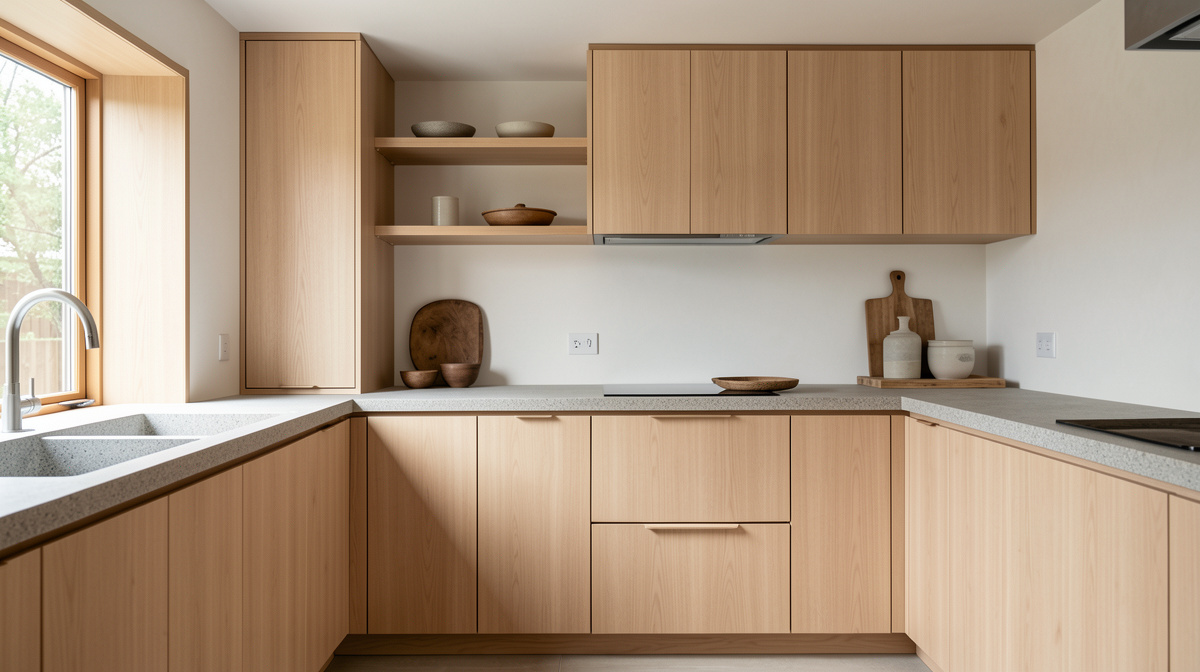 Japanese-inspired kitchen with light wood, minimal hardware, shoji screen details, and clean lines