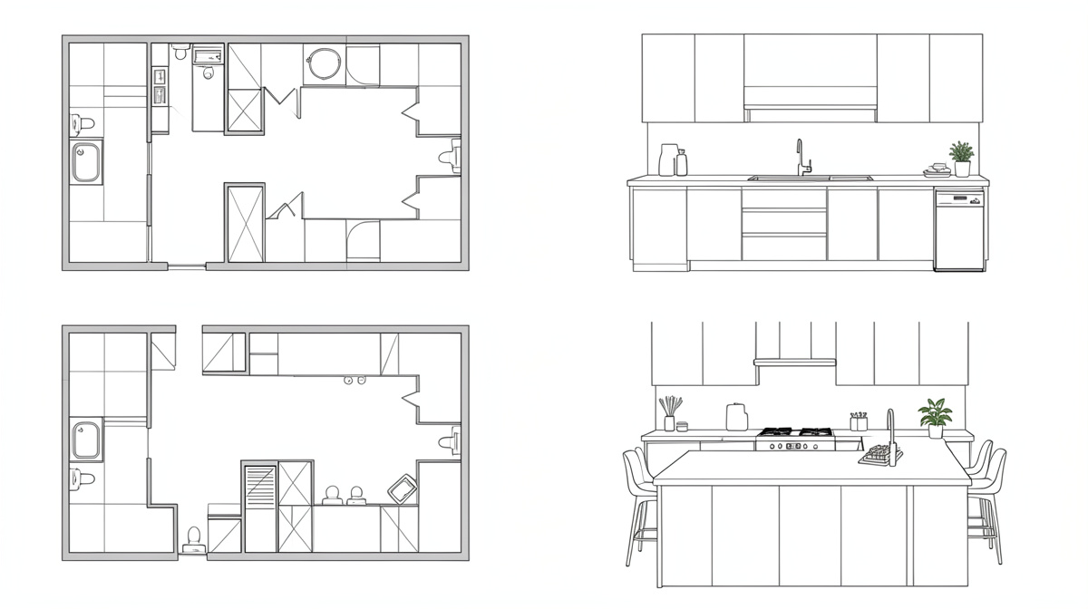 Kitchen layout comparison showing galley, L-shape, U-shape, and island layouts