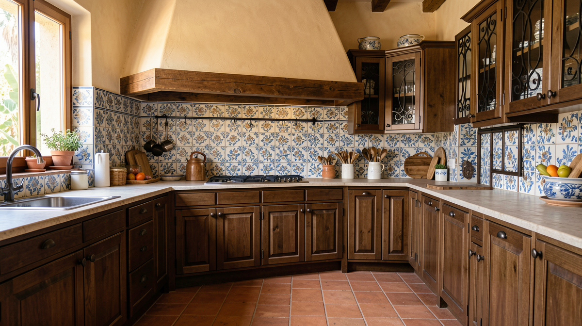Mediterranean kitchen with terracotta tile, arched range hood, dark wood, and wrought iron accents