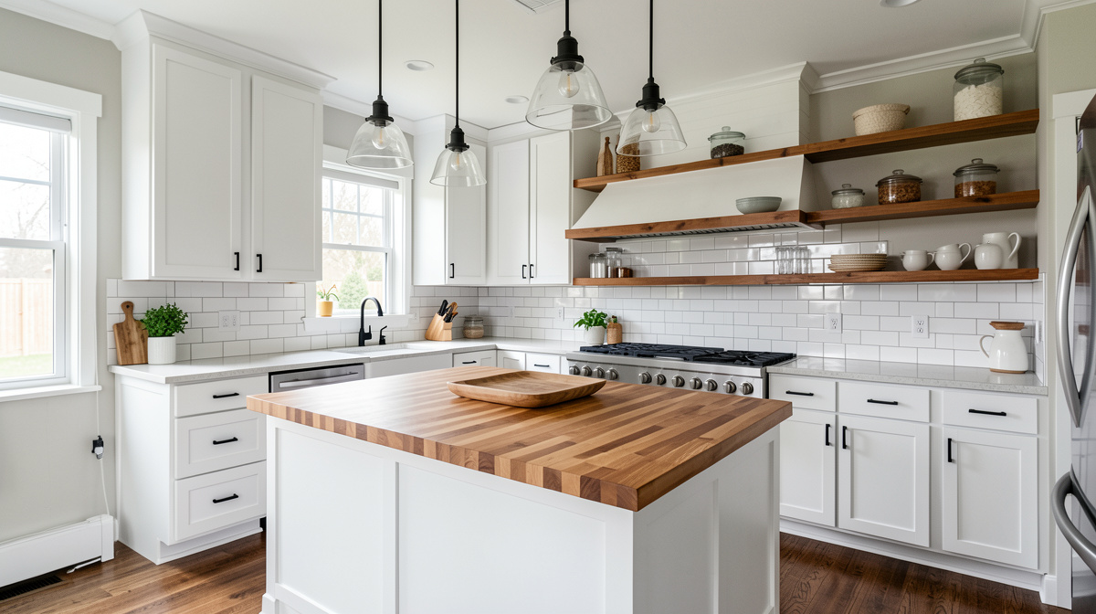 Modern farmhouse kitchen with shaker cabinets, butcher block island, and subway tile backsplash