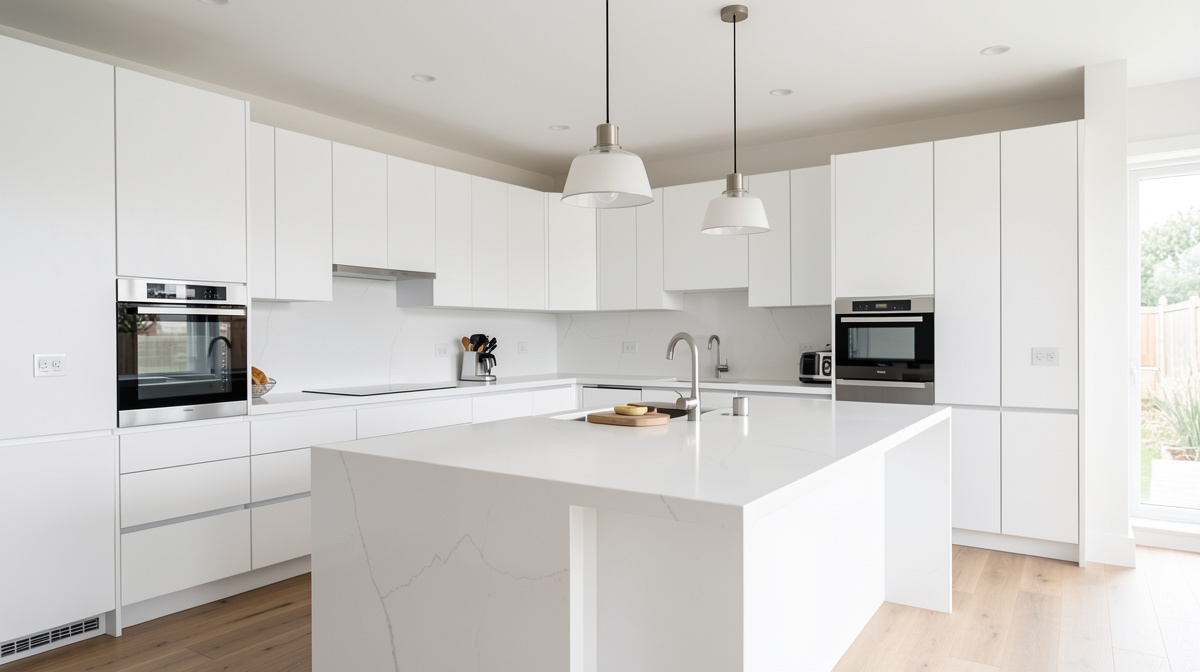 Modern white kitchen with flat-front cabinets, quartz countertops, and stainless steel appliances